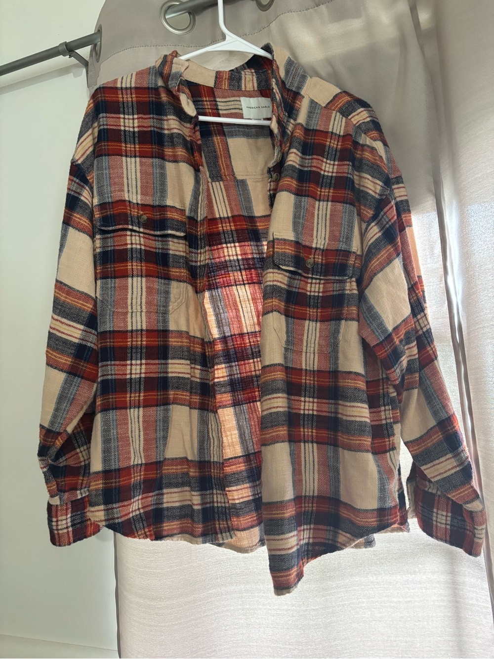 American Eagle Plaid Flannel Shirt Jacket in Beige, Rust & Navy